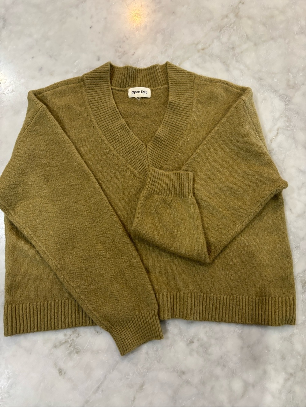 Open Edit Women's Cotton X-Large Cropped V-Neck Sweater in Dark Olive